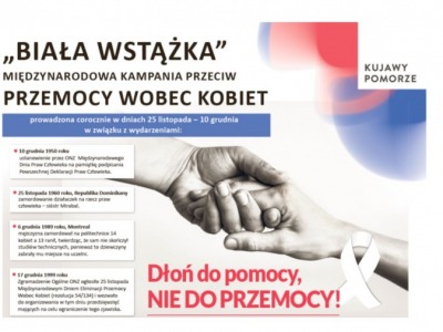 Grafika reklamująca kampanię "Biała Wstążka" - na pierwszym planie widoczne chwytające się dłonie żeńska i męska oraz hasło "Dłoń do pomocy, nie do przemocy".